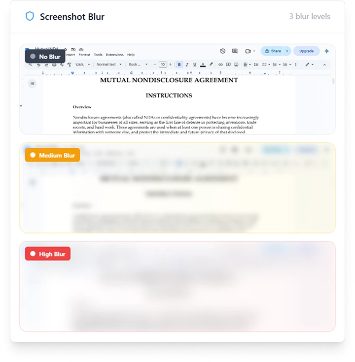 AYYES screenshot blur — the same captured screen at no blur, medium blur, and high blur