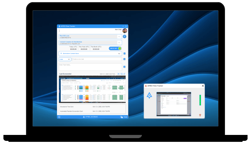 The AYYES desktop time tracker app running on a laptop