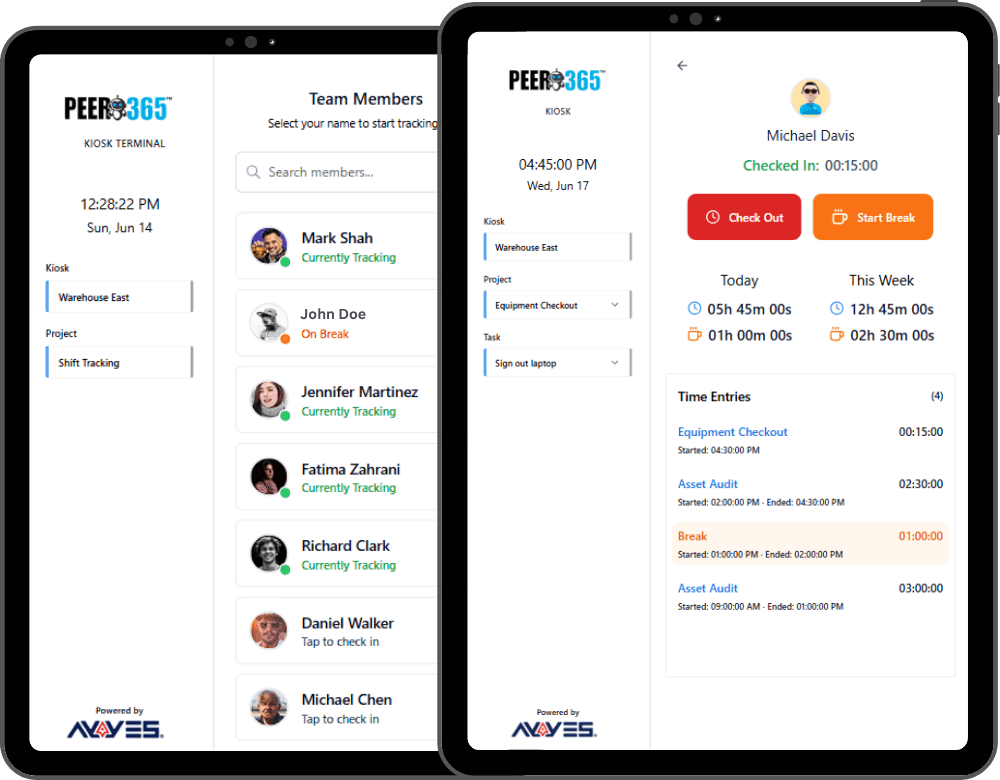 The AYYES kiosk on two tablets — team member list and an individual check-in screen with time entries